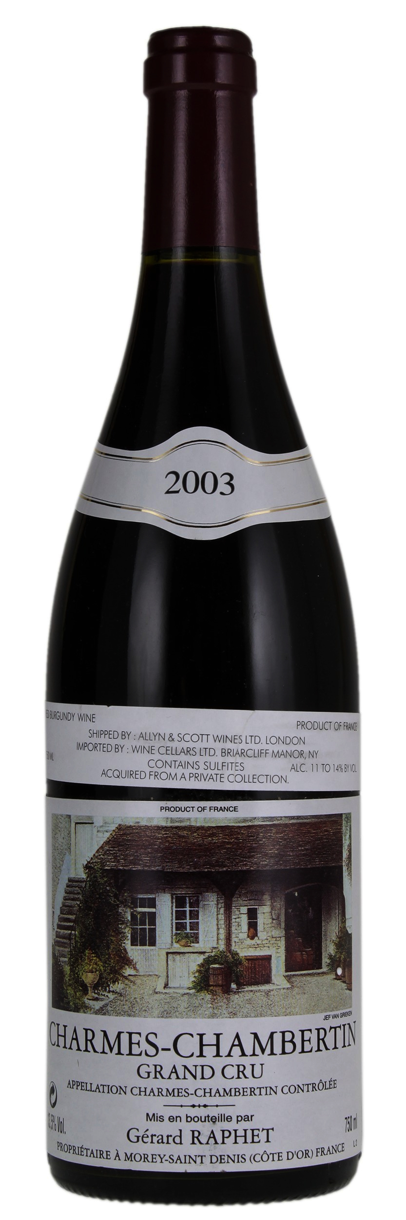 Domaine Gerard Raphet Charmes-Chambertin (stained label) 2003