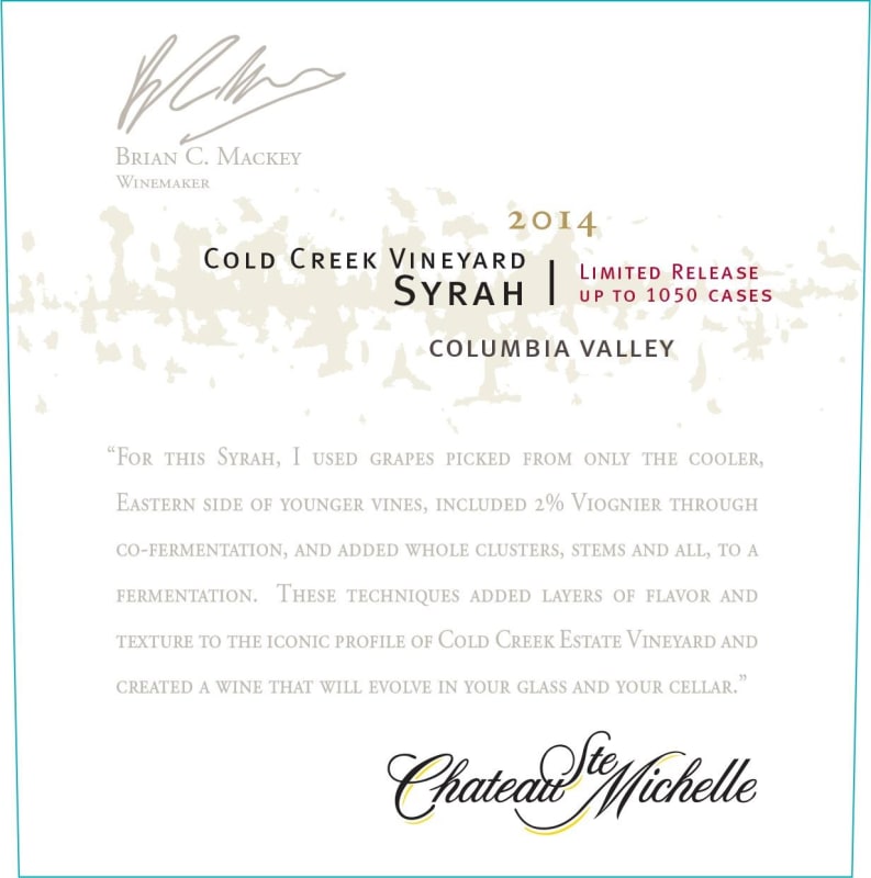 Chateau Ste. Michelle Cold Creek Vineyard Syrah 2014 Front Label