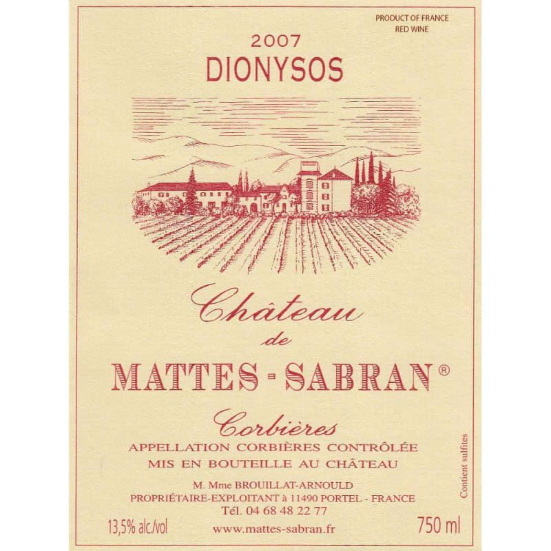 Chateau De Mattes Sabran Corbieres Dionysos 2007 Front Label