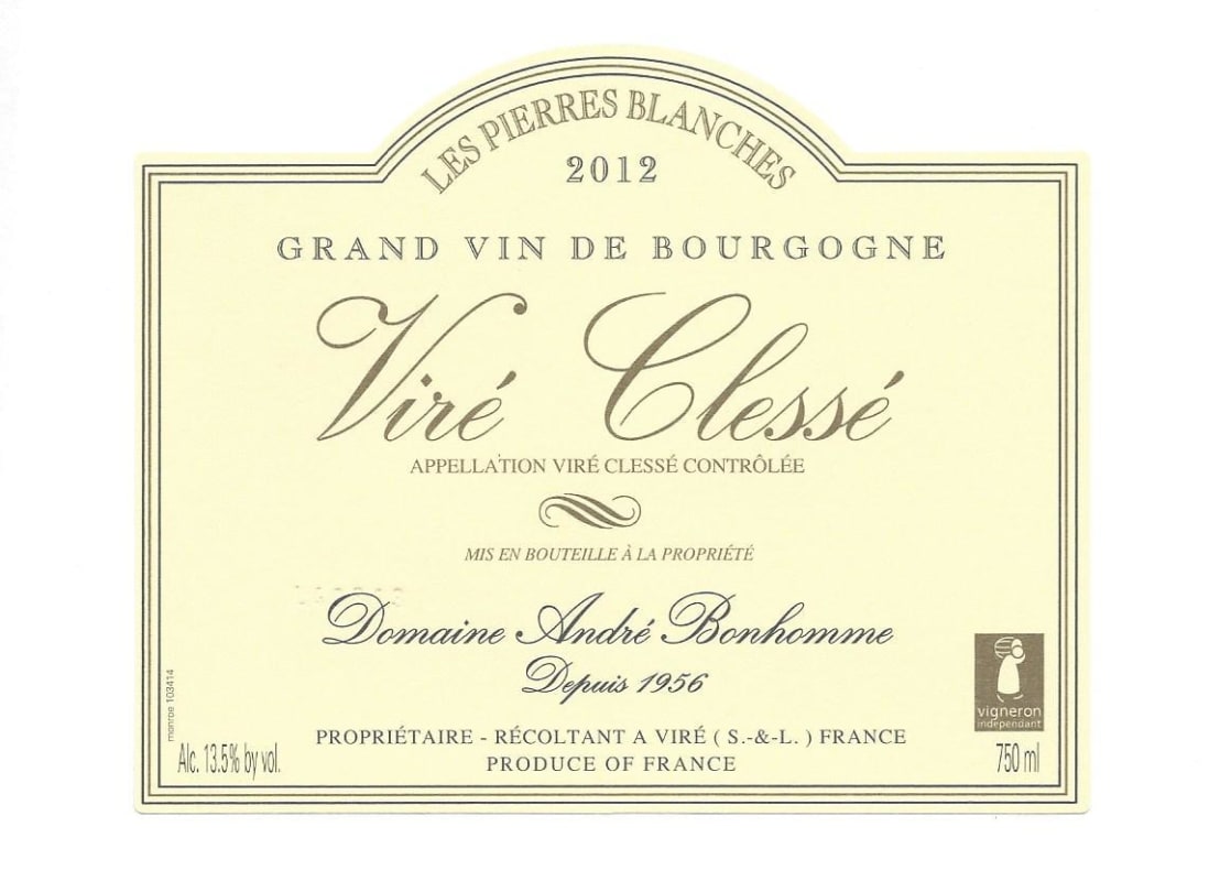 Andre Bonhomme Vire-Clesse Les Pierres Blanches 2012 Front Label