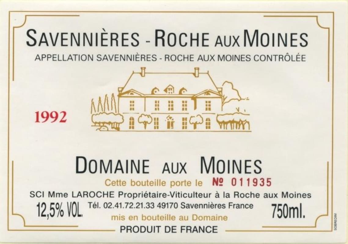 Domaine aux Moines Savennieres Roches aux Moines 1992 Front Label