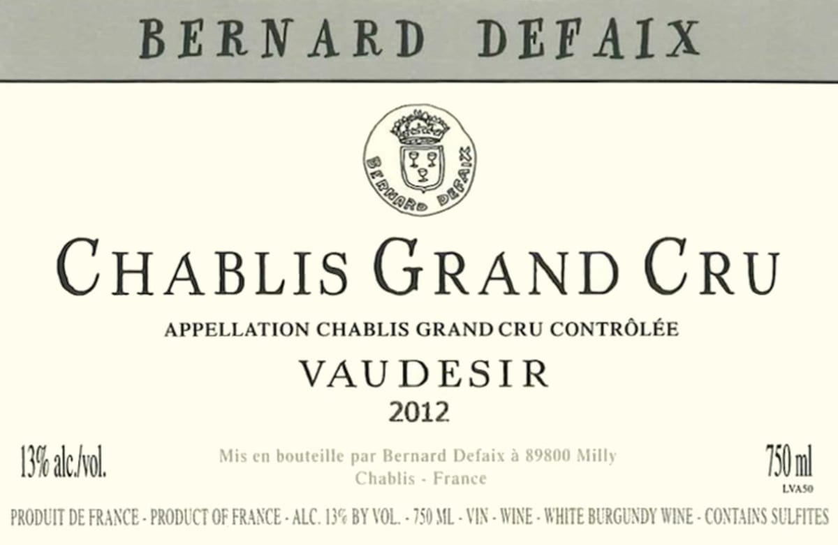 Bernard Defaix Chablis Vaudesir Grand Cru 2012 Front Label