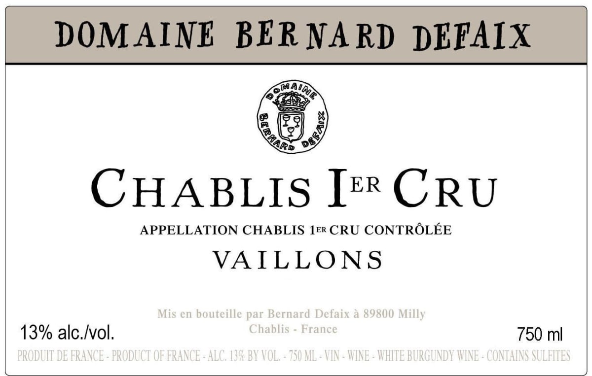 Bernard Defaix Chablis Les Vaillons Premier Cru 2012 Front Label