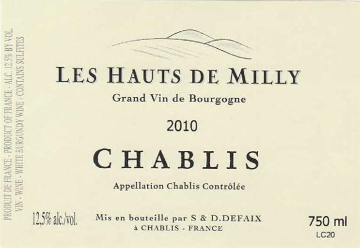 Bernard Defaix Les Hauts de Milly Chablis 2010 Front Label