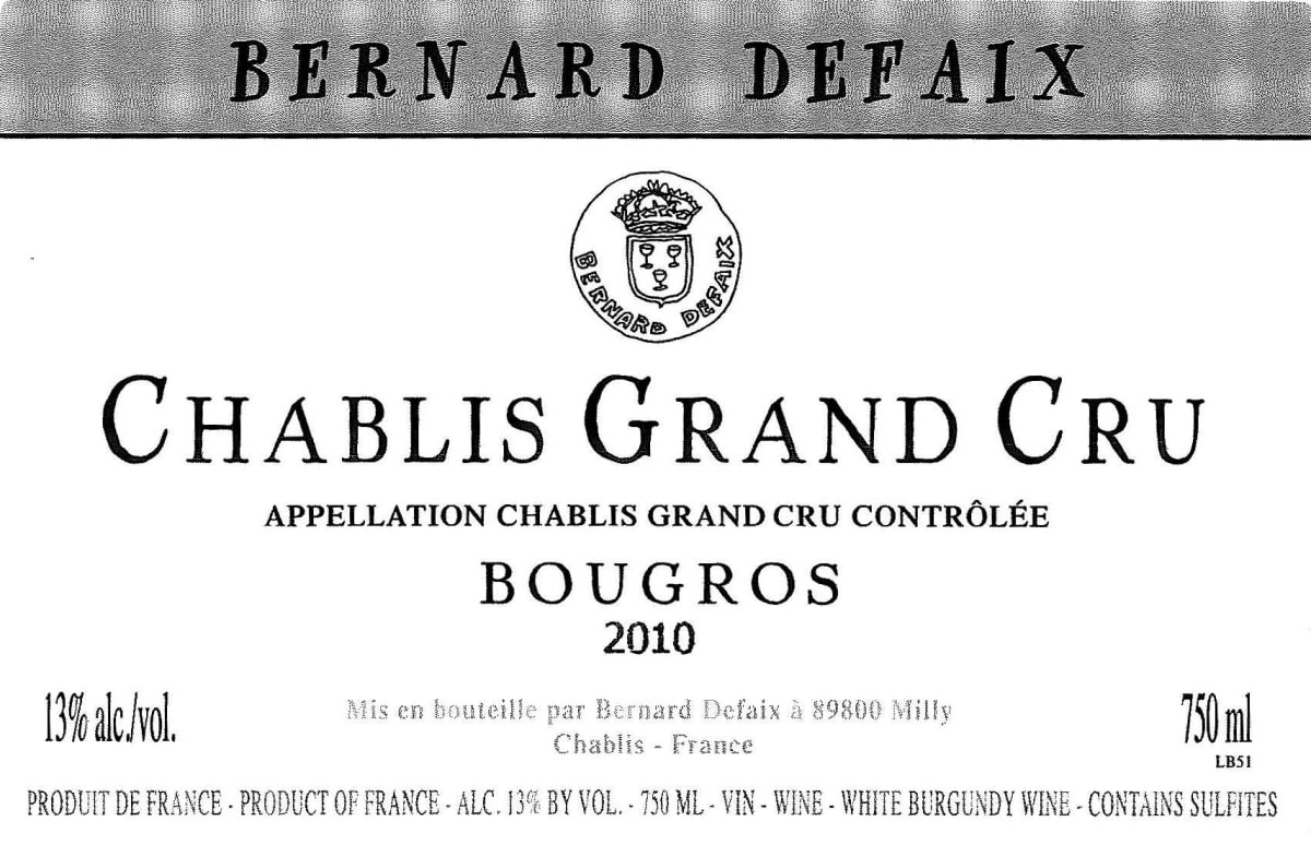 Bernard Defaix Chablis Bougros Grand Cru 2010 Front Label