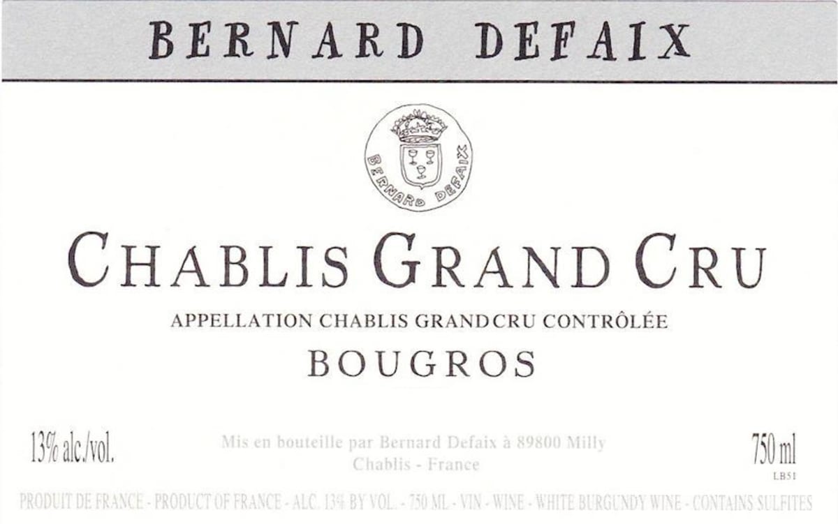 Bernard Defaix Chablis Bougros Grand Cru 2013 Front Label
