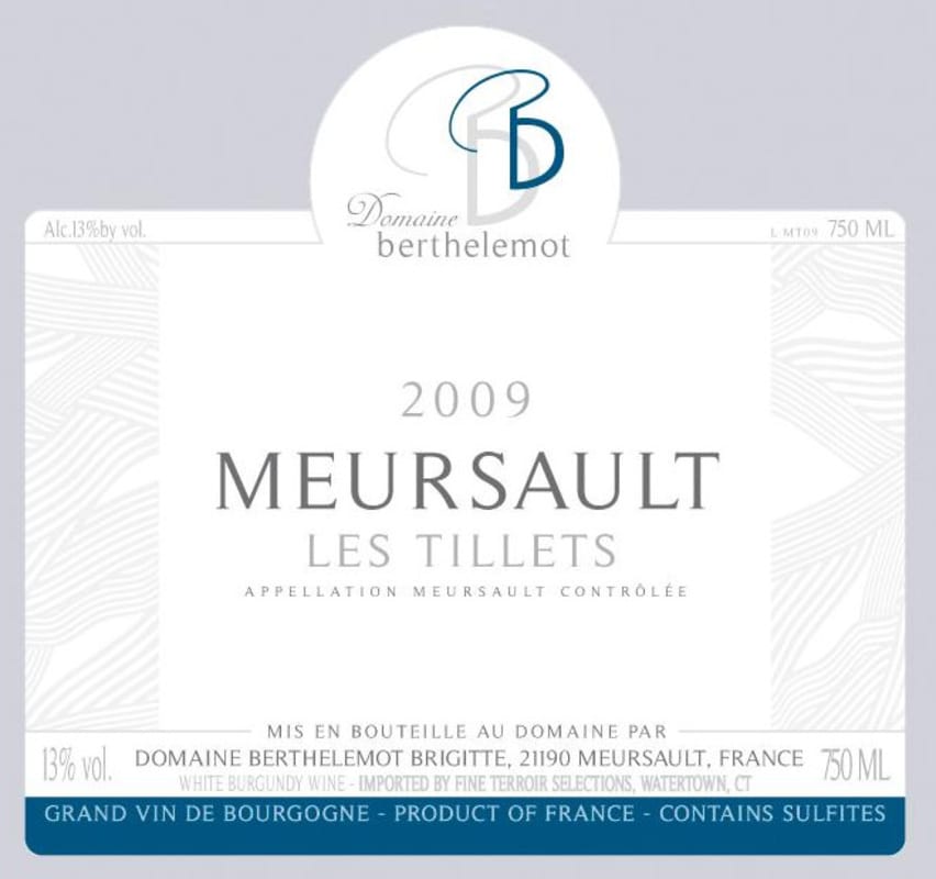 Domaine Berthelemot Meursault Les Tillets 2009 Front Label