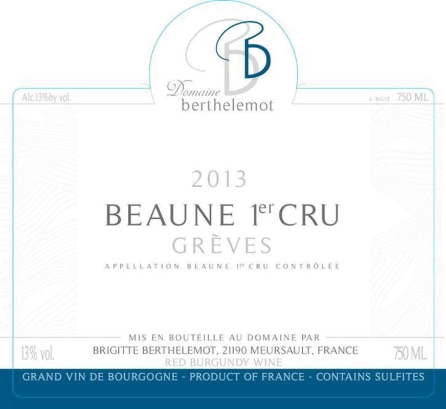 Domaine Berthelemot Beaune Premier Cru Greves 2013 Front Label