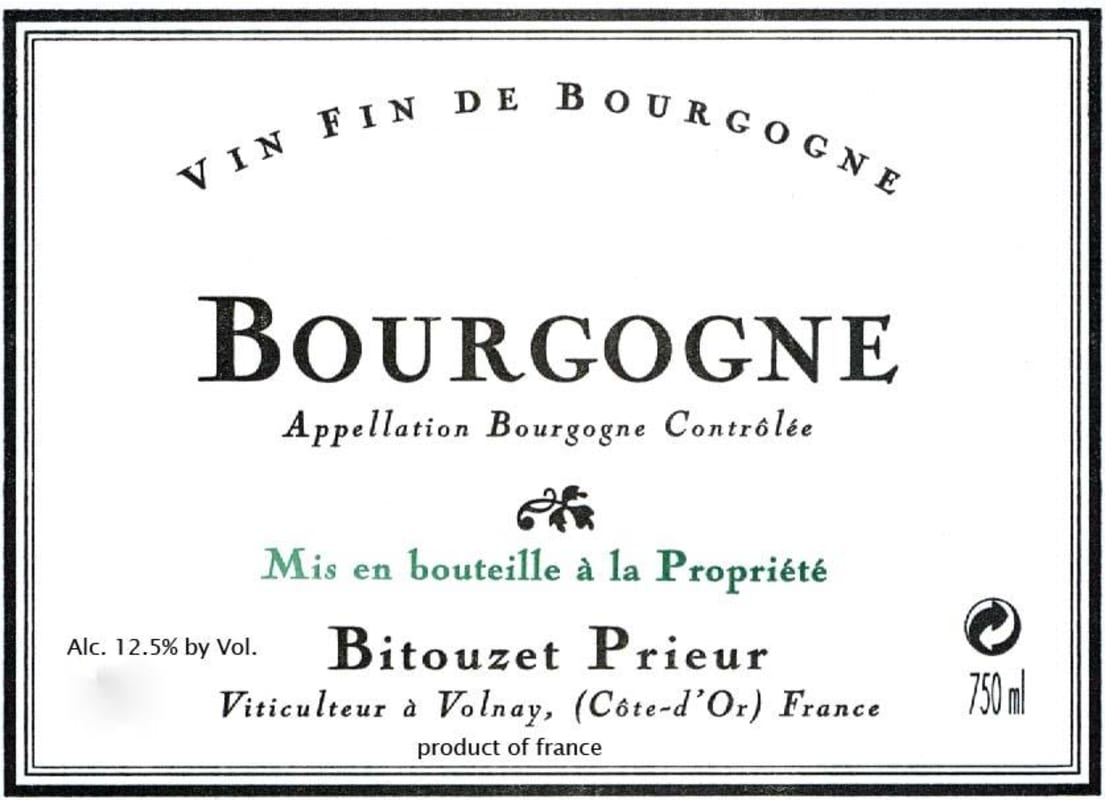 Domaine Bitouzet-Prieur Bourgogne Pinot Noir 2012 Front Label
