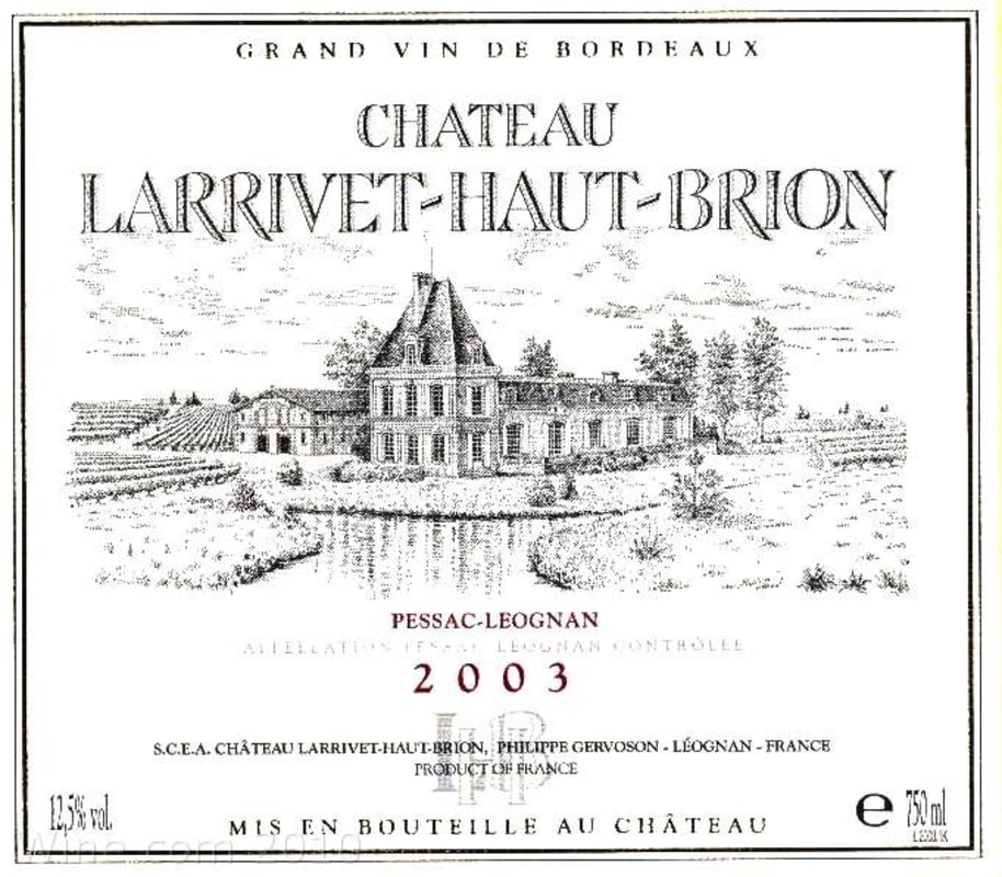 Chateau Larrivet Haut-Brion 2003 Front Label