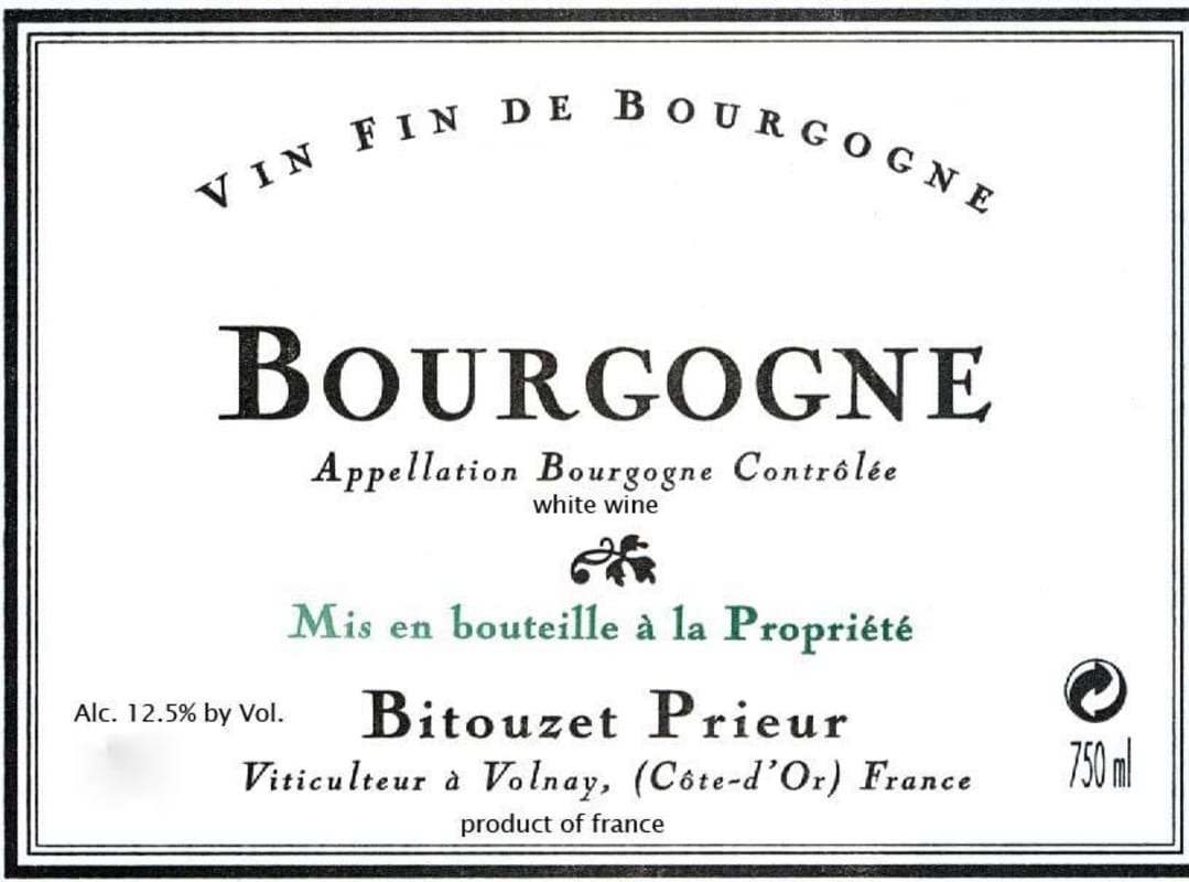 Domaine Bitouzet-Prieur Bourgogne Blanc 2012 Front Label
