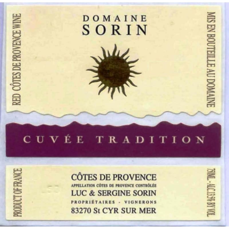 Domaine Sorin Cotes de Provence Tradition Red 2004 Front Label