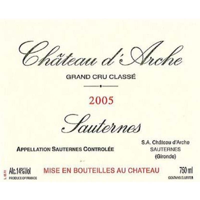 Chateau d'Arche Sauternes 2005 Front Label