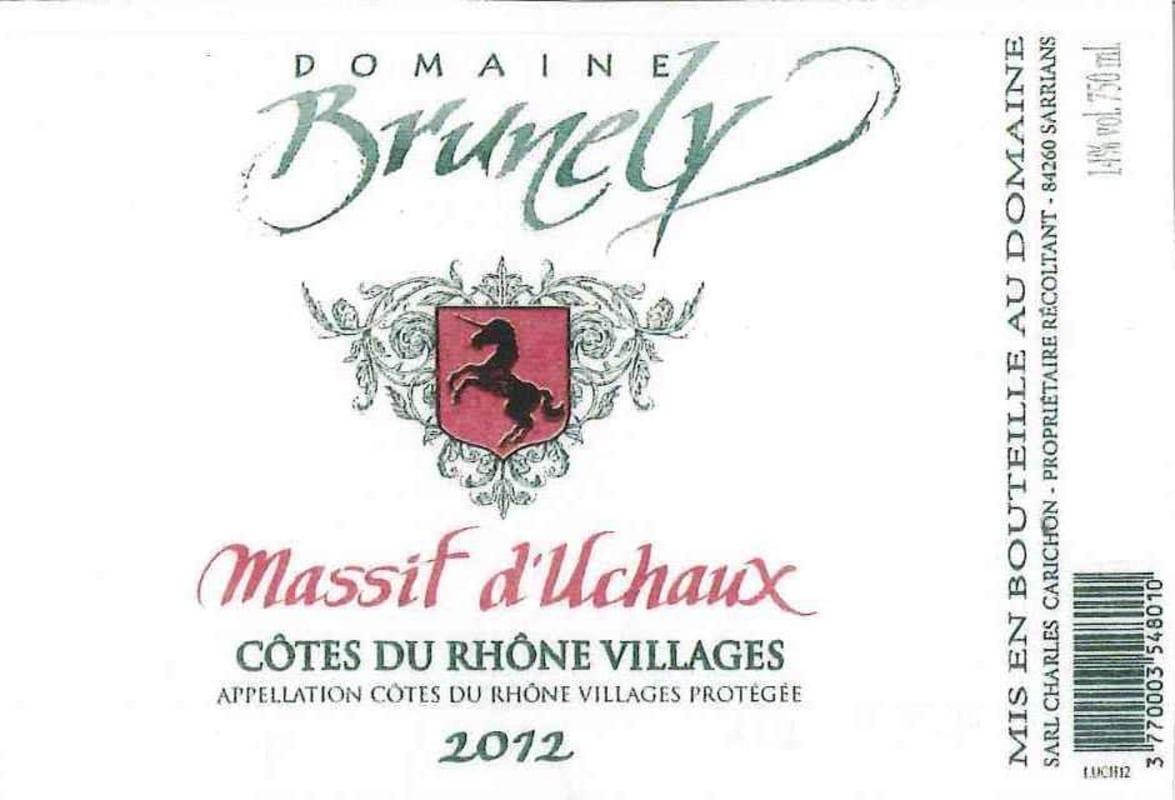 Domaine Brunely Massif d'Uchaux 2012 Front Label