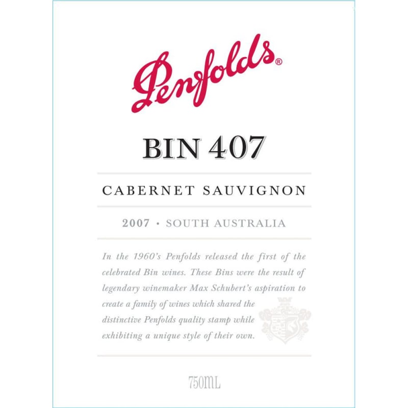 Penfolds Bin 407 Cabernet Sauvignon 2007 Front Label