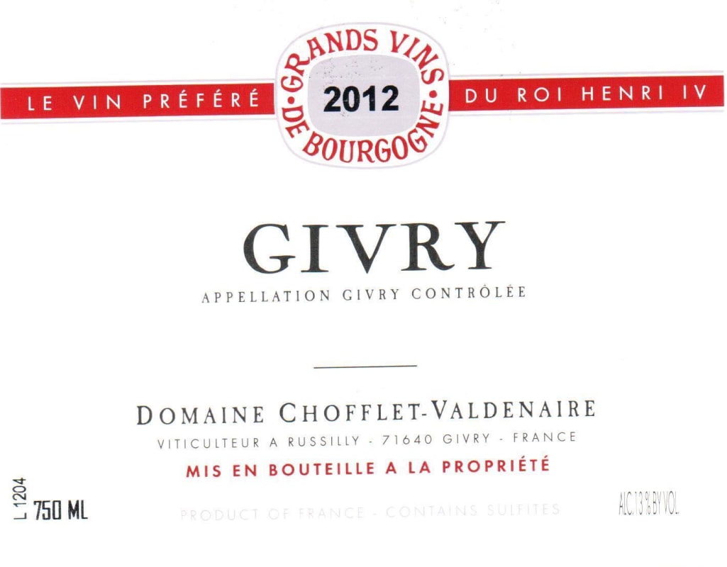 Domaine Chofflet Givry Rouge 2012 Front Label