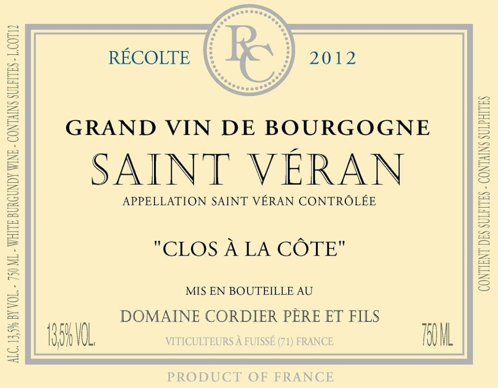 Cordier Saint Veran Clos a la Cote 2012 Front Label
