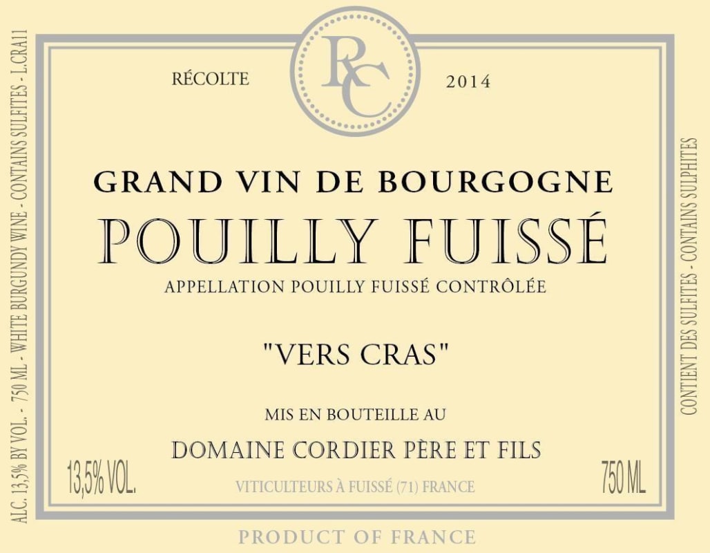 Cordier Pouilly Fuisse Vers Cras 2014 Front Label