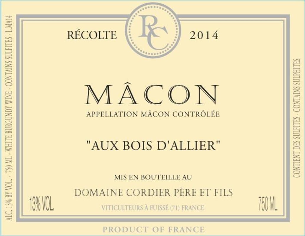Cordier Macon Aux Bois D'Allier 2014 Front Label