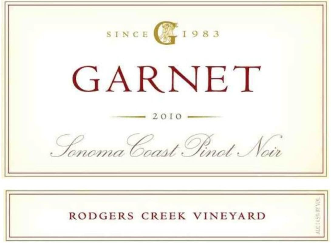 Garnet Rodgers Creek Vineyard Pinot Noir 2010 Front Label