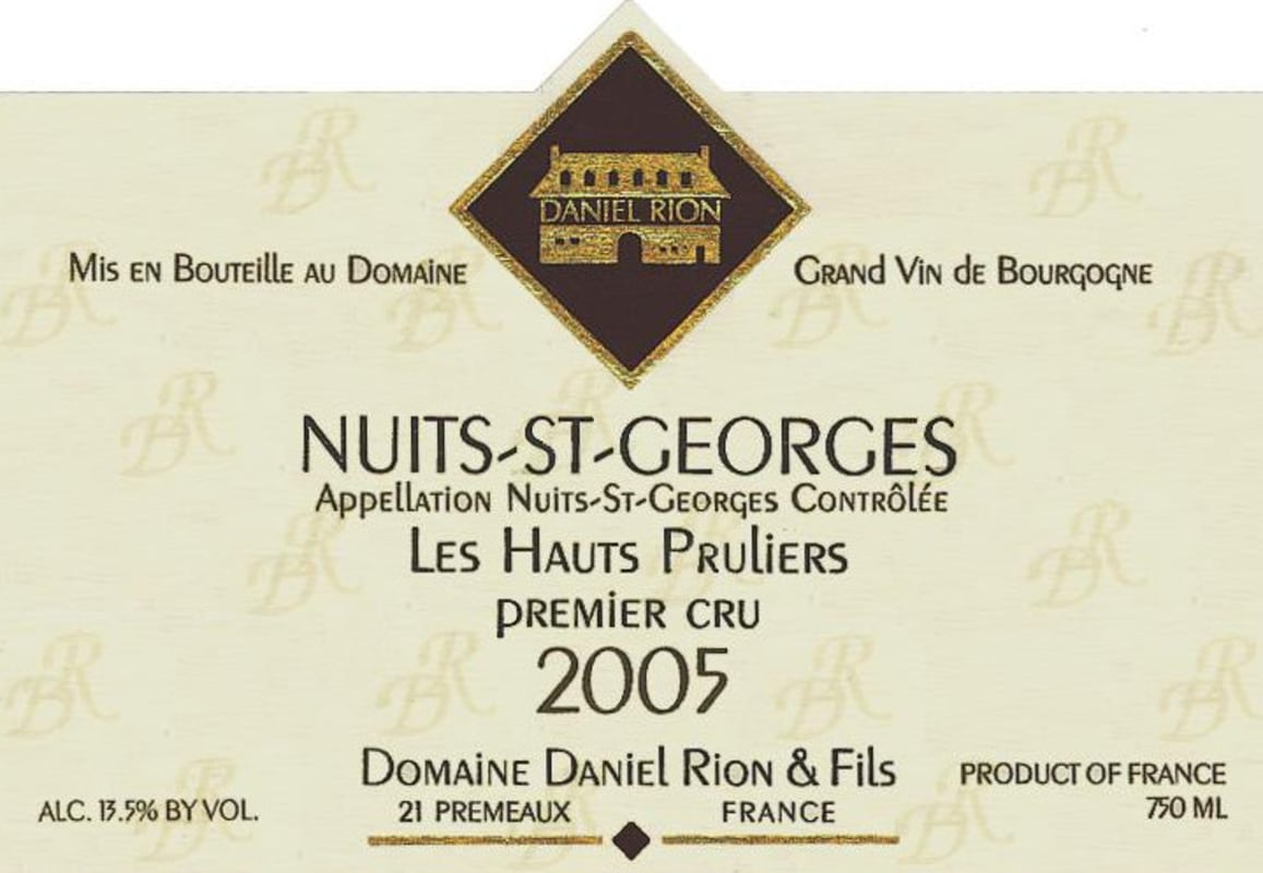 Domaine Daniel Rion & Fils Nuits-St-Georges Les Hauts Pruliers Premier Cru 2005 Front Label