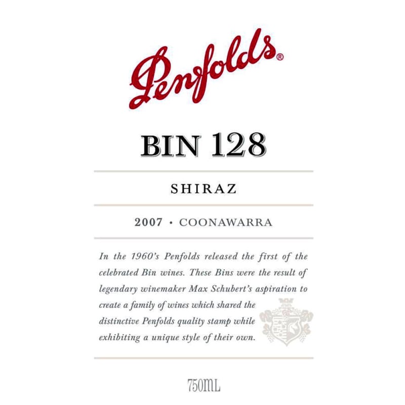 Penfolds Bin 128 Coonawarra Shiraz 2007 Front Label