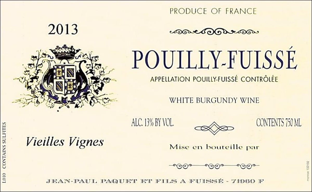 Dom. Fussiacus Jean-Paul Paquet Pouilly-Fuisse Vieilles Vignes 2013 Front Label