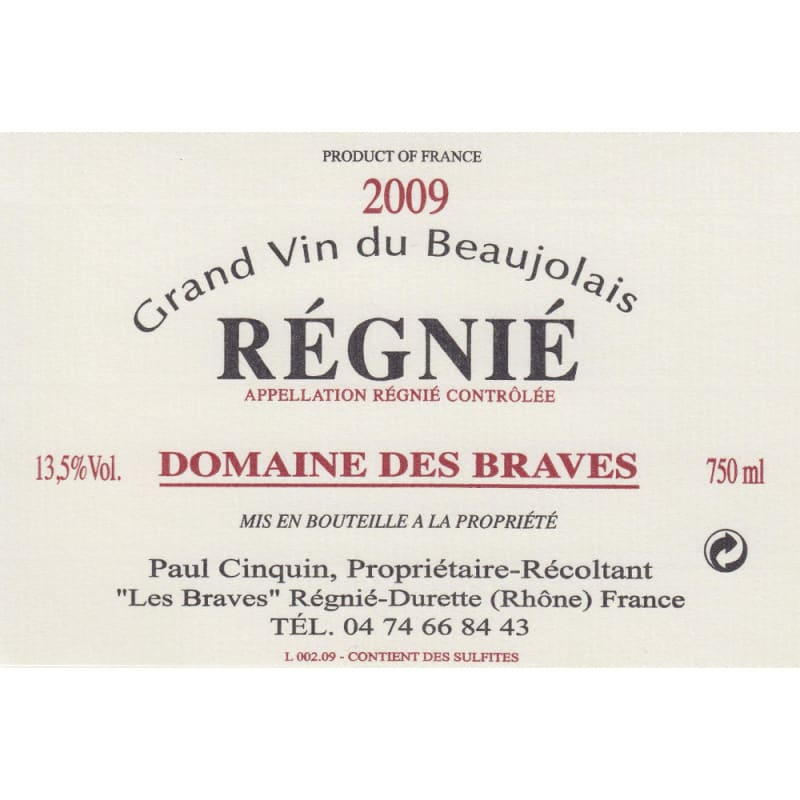 Domaine des Braves Regnie 2009 Front Label