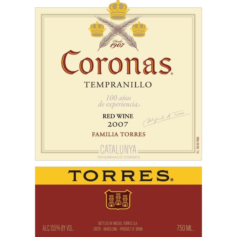 Familia Torres Coronas Tempranillo 2007 Front Label