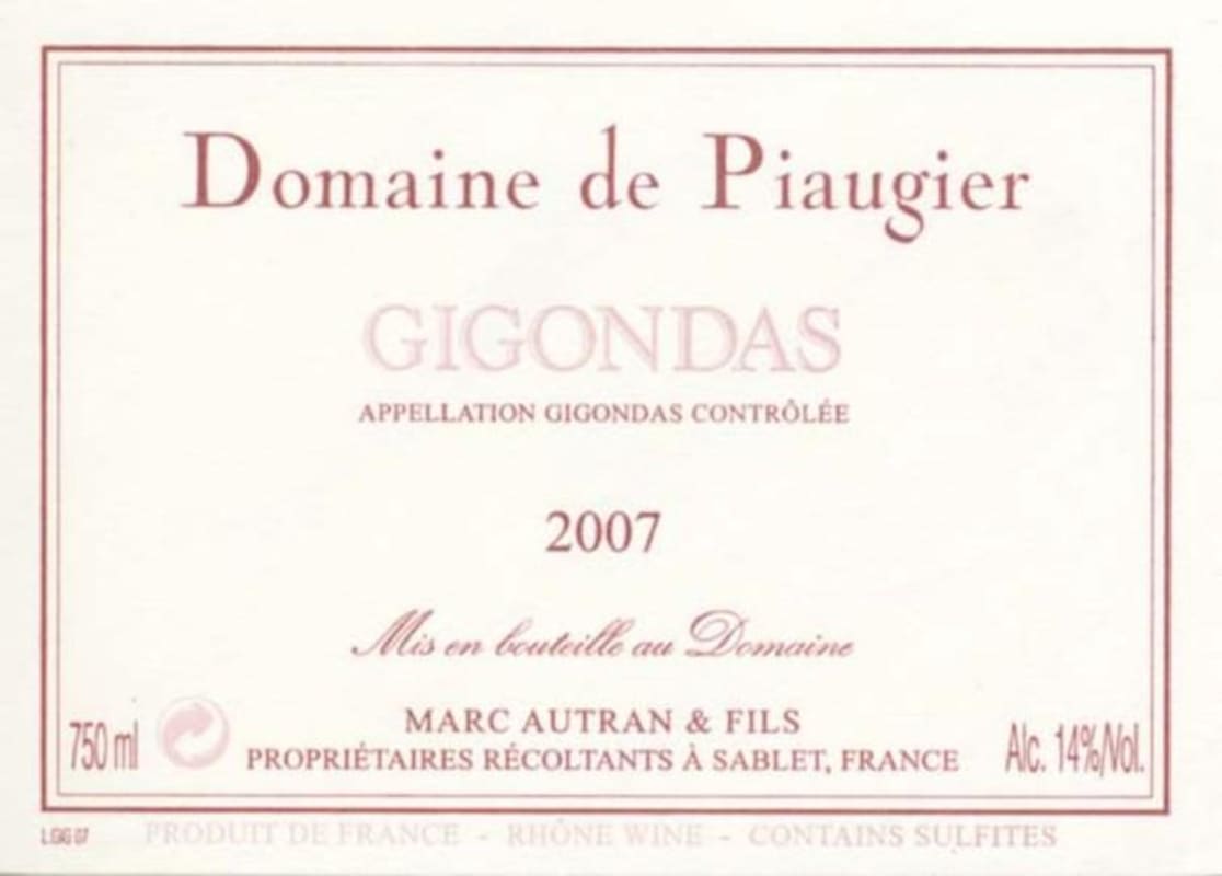 Domaine de Piaugier Gigondas 2007 Front Label