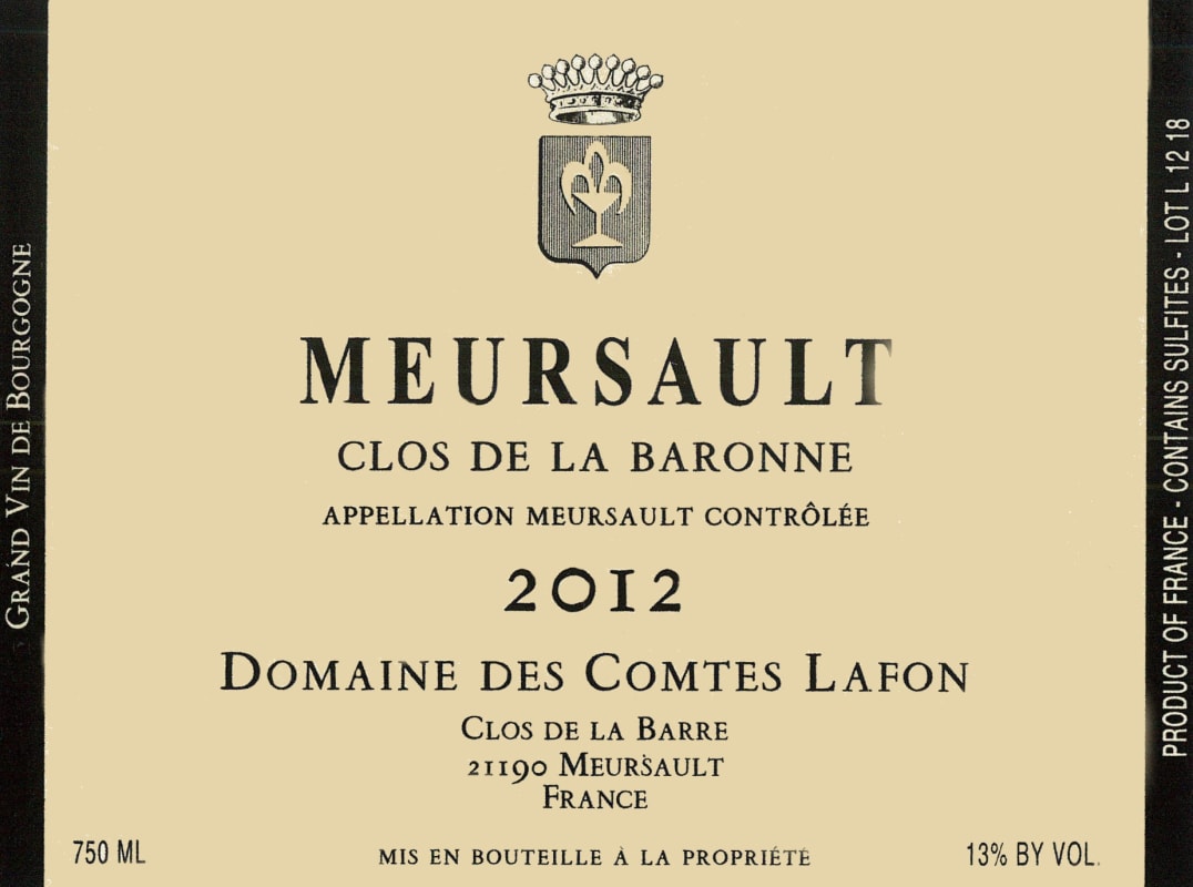 Domaine des Comtes Lafon Meursault Clos de la Baronne 2012 Front Label
