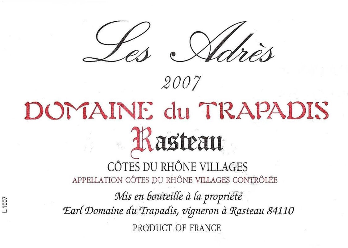 Domaine du Trapadis Rasteau Les Adres 2007 Front Label