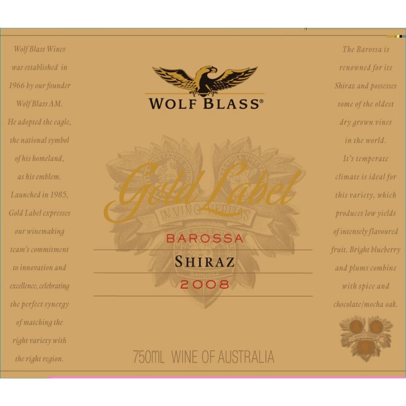 Wolf Blass Gold Label Shiraz 2008 Front Label