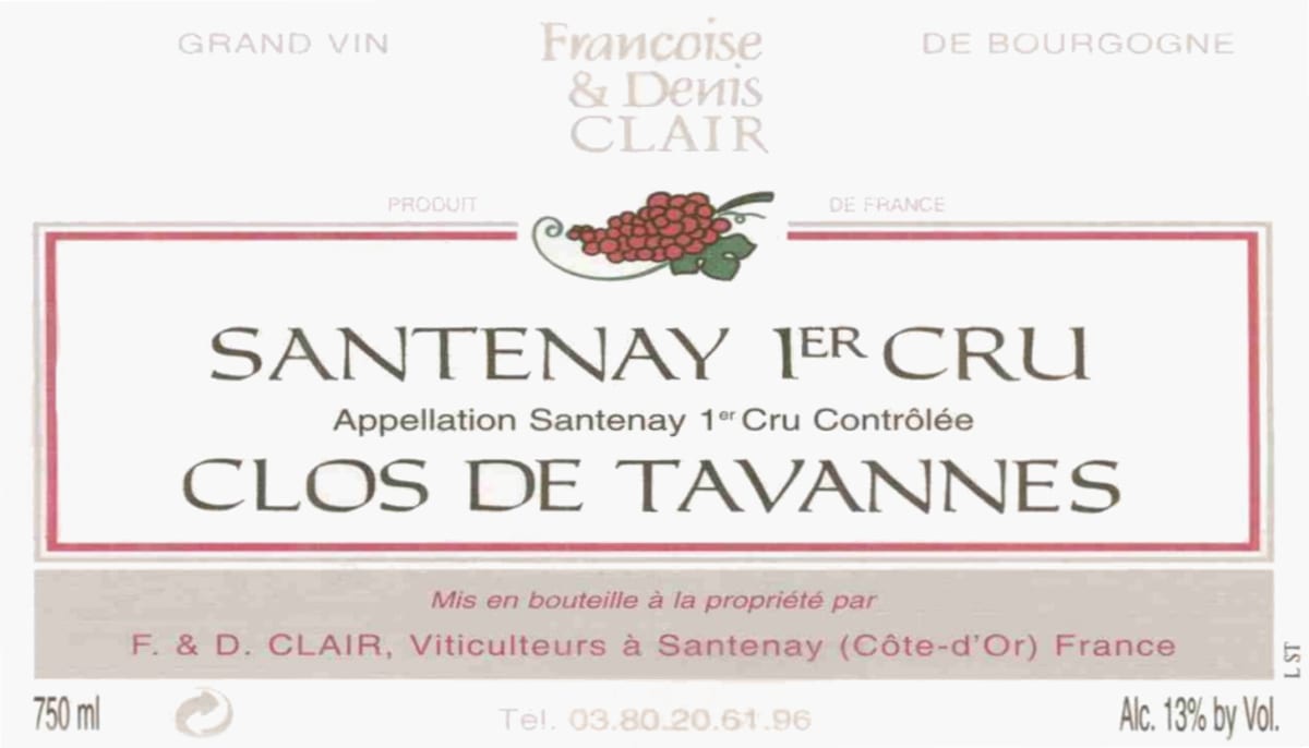 Francoise & Denis Clair Santenay Clos de Tavannes Premier Cru 2011 Front Label