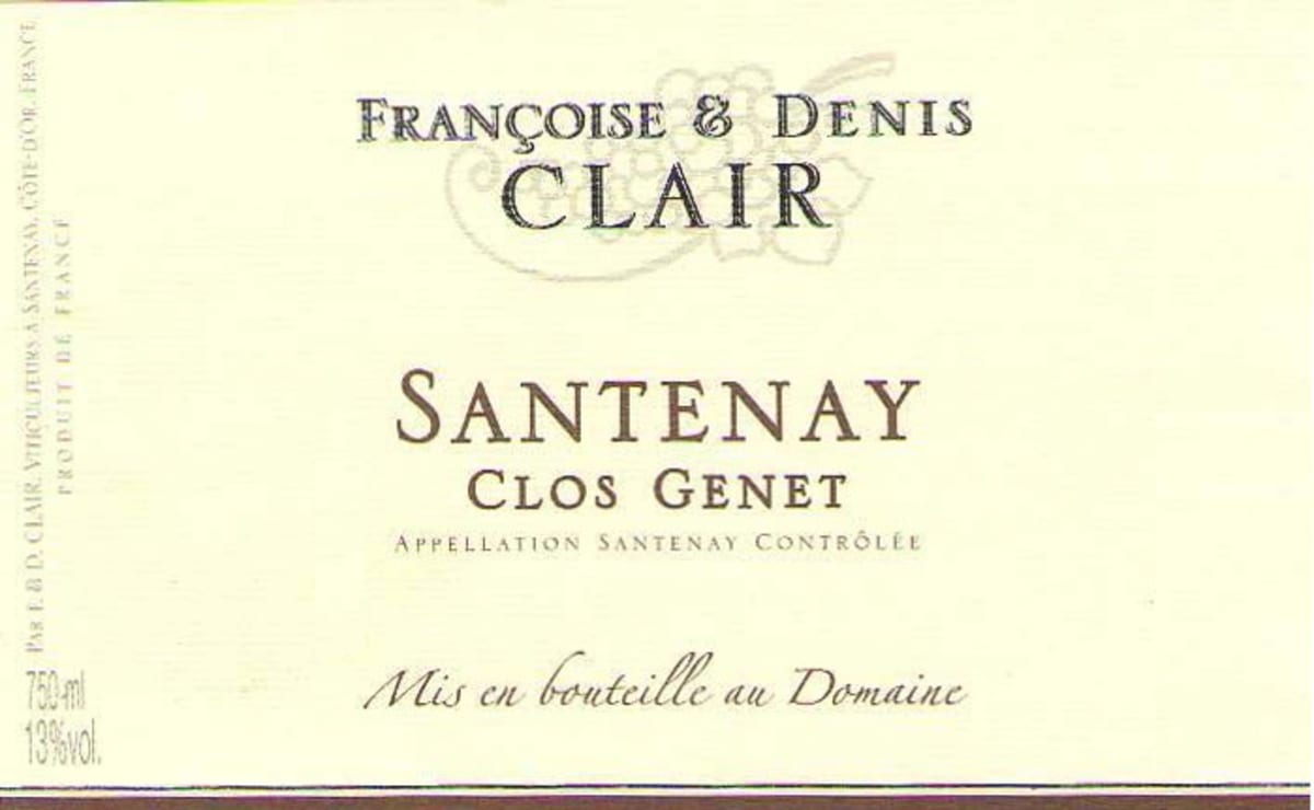 Francoise & Denis Clair Santenay Clos Genet 2012 Front Label
