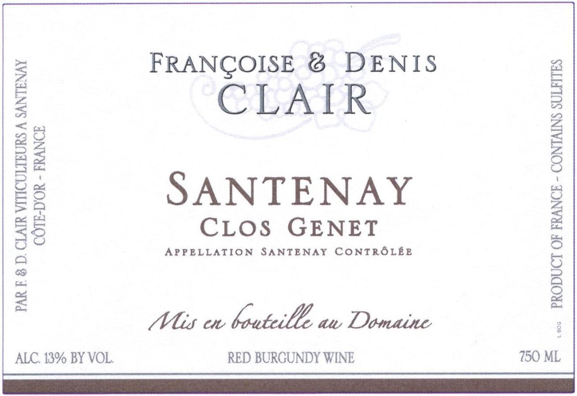 Francoise & Denis Clair Santenay Clos Genet 2013 Front Label