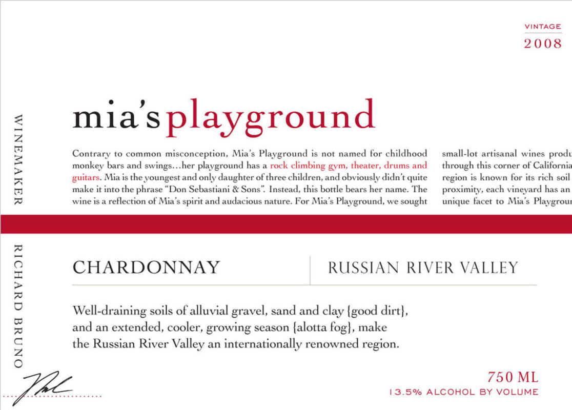 Mia's Playground Russian River Valley Chardonnay 2008 Front Label