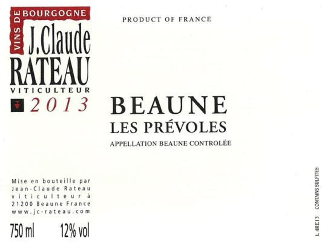 J.C. Rateau Beaune Les Prevoles 2013 Front Label