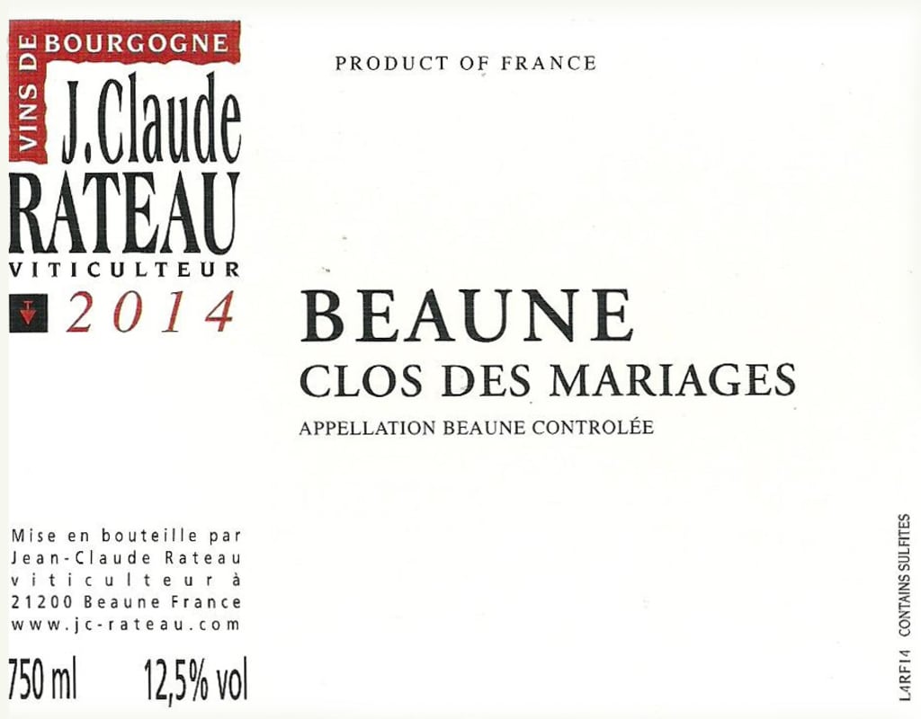 J.C. Rateau Beaune Clos des Mariages 2014 Front Label