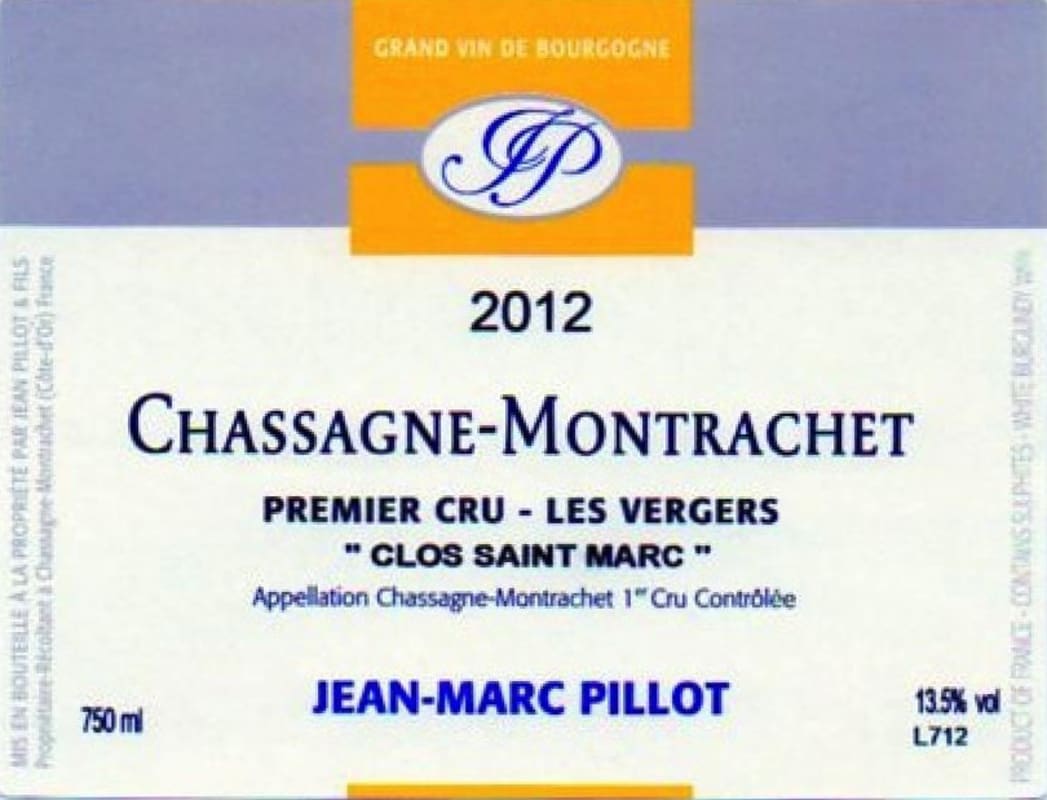 Domaine Jean-Marc Pillot Chassagne-Montrachet Clos Saint Marc Les Vergers Premier Cru 2012 Front Label