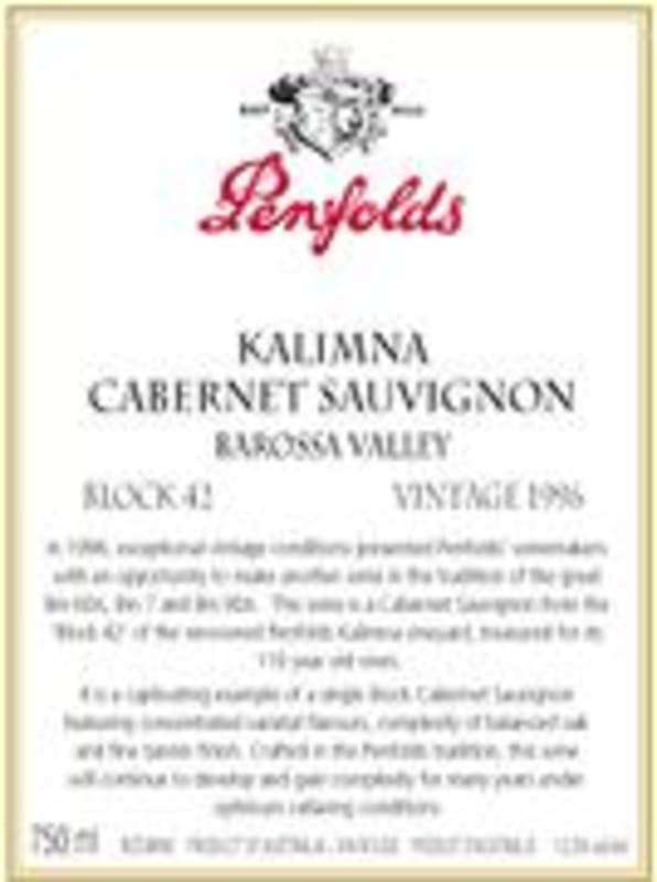 Penfolds Kalimna Block 42 Cabernet Sauvignon 1996 Front Label