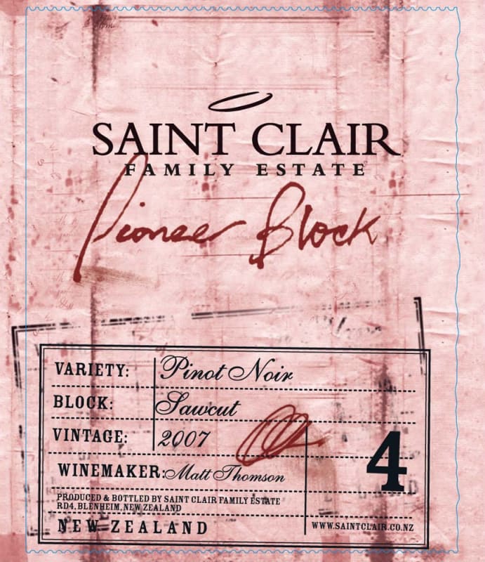 Saint Clair Pioneer Block 4 Sawcut Pinot Noir 2007 Front Label
