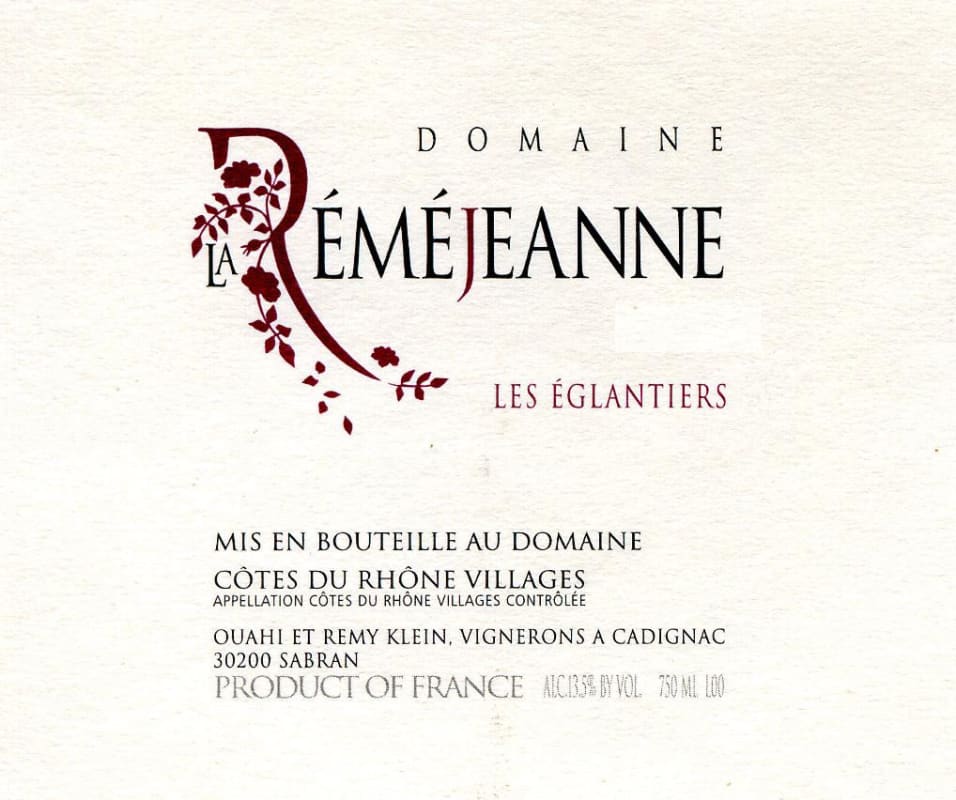 Domaine La Remejeanne Les Eglantiers 2012 Front Label