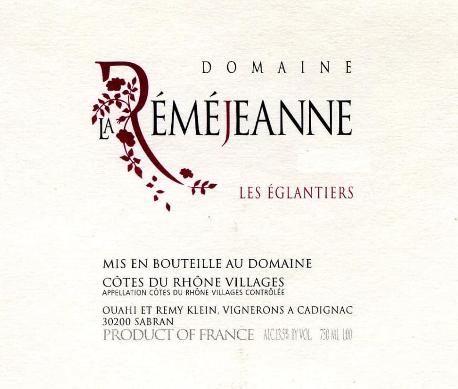 Domaine La Remejeanne Les Eglantiers 2008 Front Label