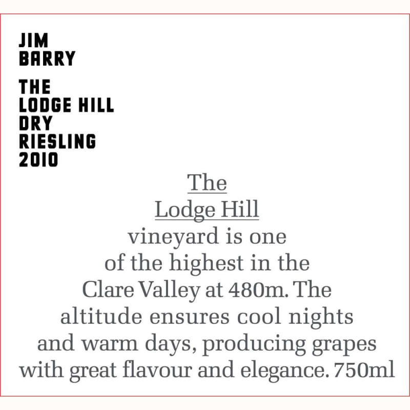 Jim Barry Lodge Hill Riesling 2010 Front Label