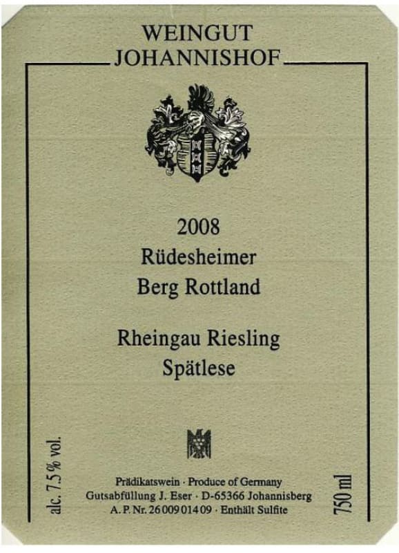 Weingut Johannishof Rudesheimer Berg Rottland Riesling Spatlese 2008 Front Label