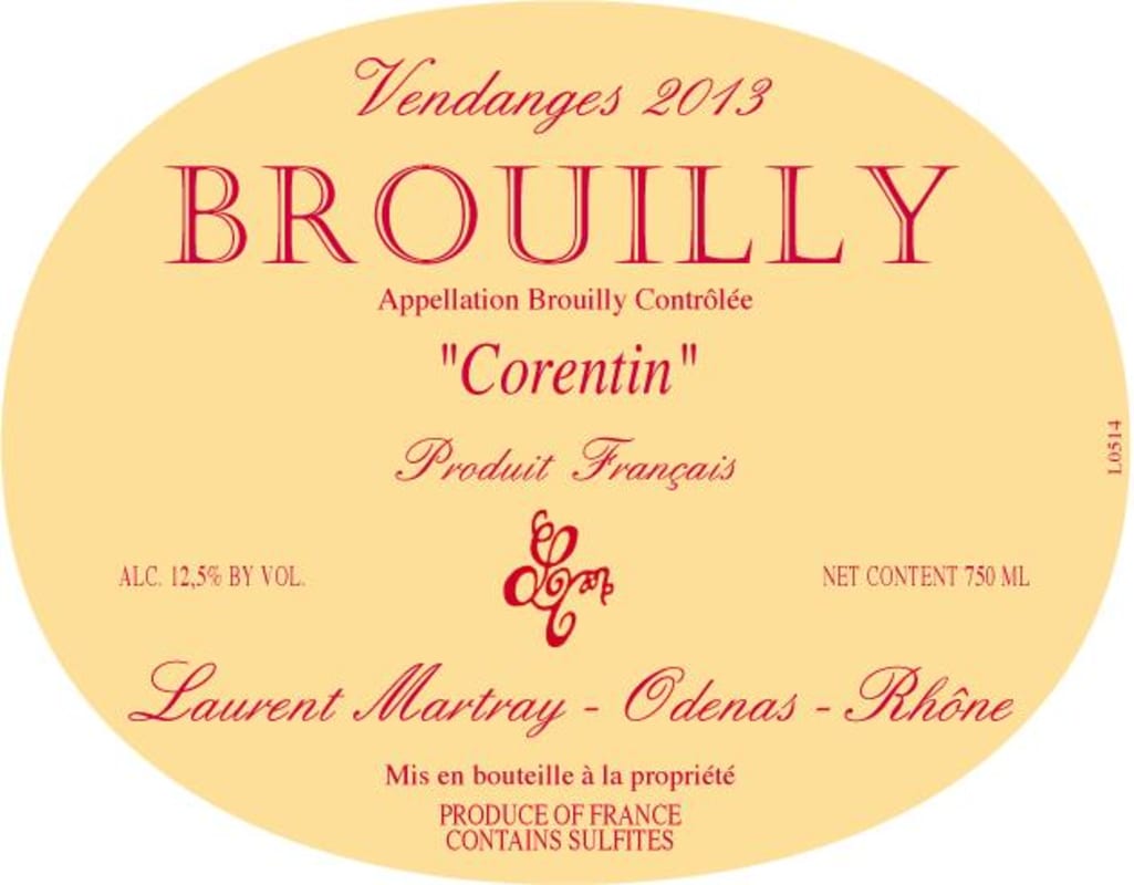 Domaine Laurent Martray Brouilly Corentin 2013 Front Label