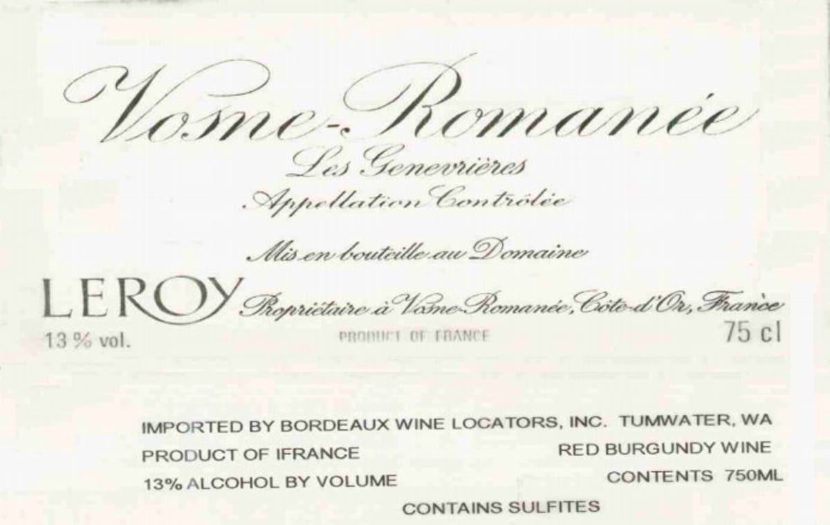 Domaine Leroy Vosne-Romanee Les Genevrieres 1998 Front Label
