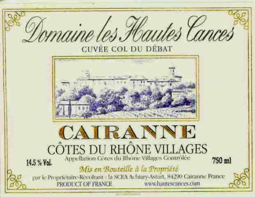 Domaine Hautes Cances Cotes du Rhone Villages Cairanne Cuvee Col du Debat 2012 Front Label