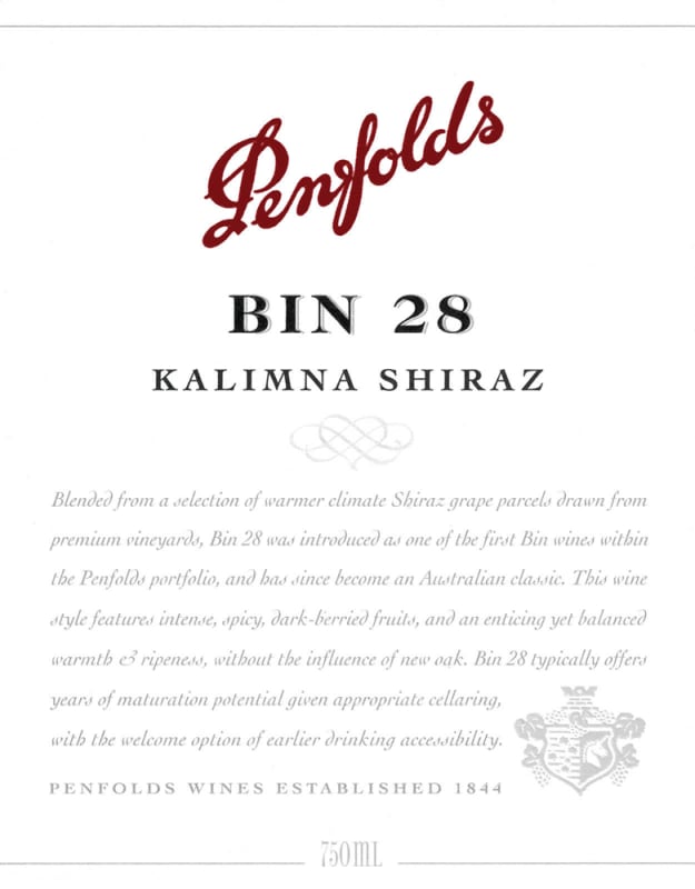 Penfolds Kalimna Bin 28 Shiraz 2007 Front Label